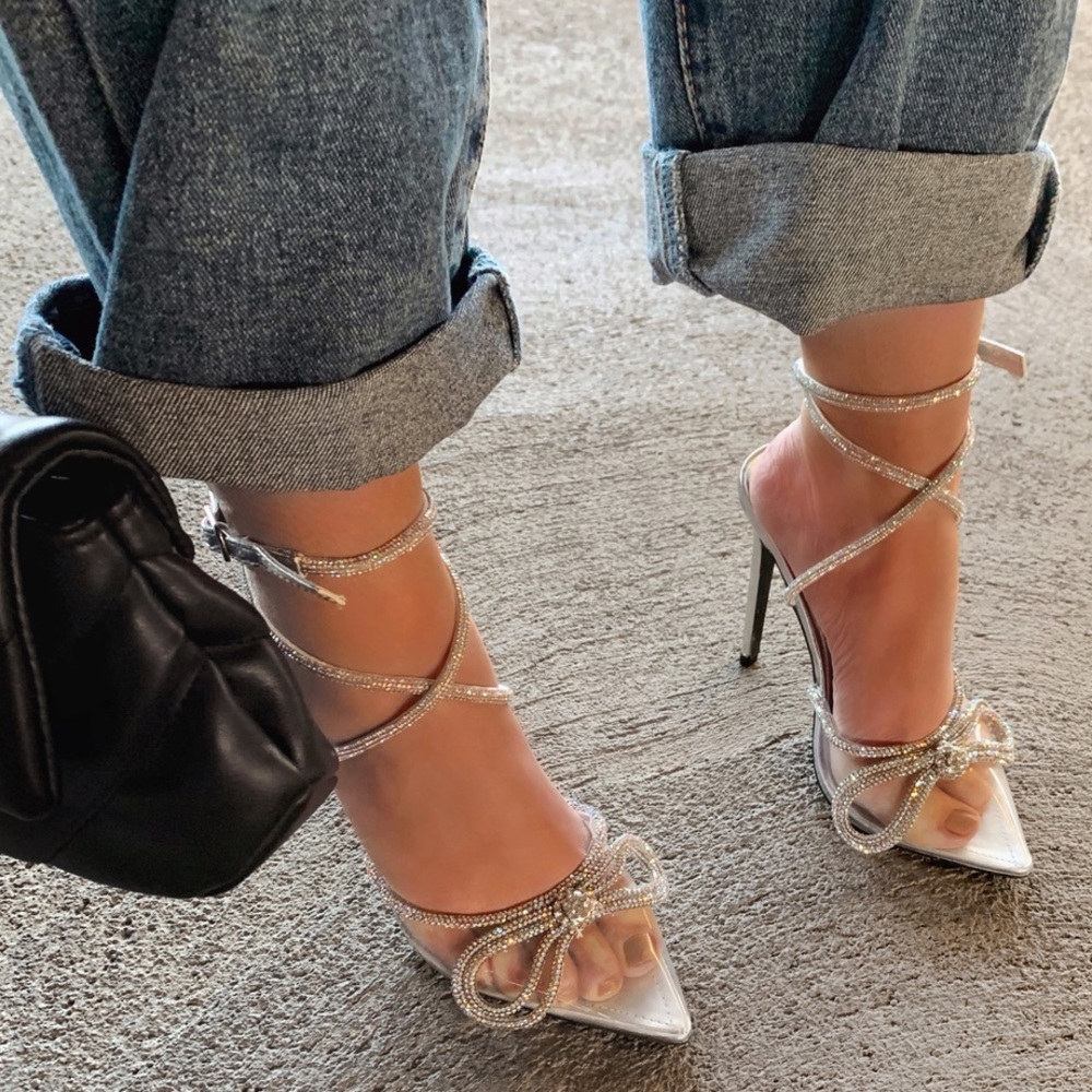 Clear bow strappy rhinestone heel